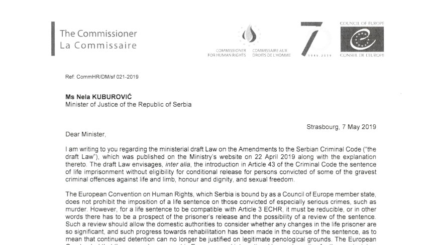La Commissaire appelle la Serbie à faire en sorte que le projet de loi concernant la peine d’emprisonnement à vie soit compatible avec la jurisprudence de la Cour européenne des droits de l'homme