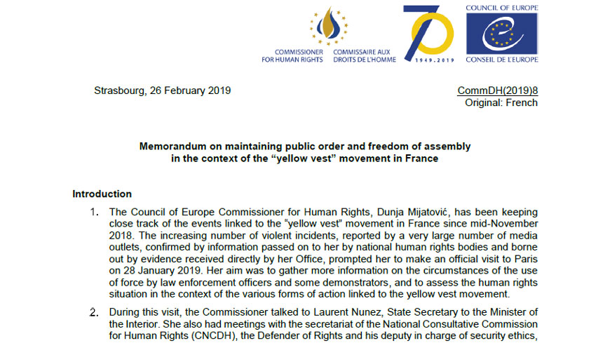Maintaining public order and freedom of assembly in the context of the “yellow vest” movement: recommendations by the Council of Europe Commissioner for Human Rights