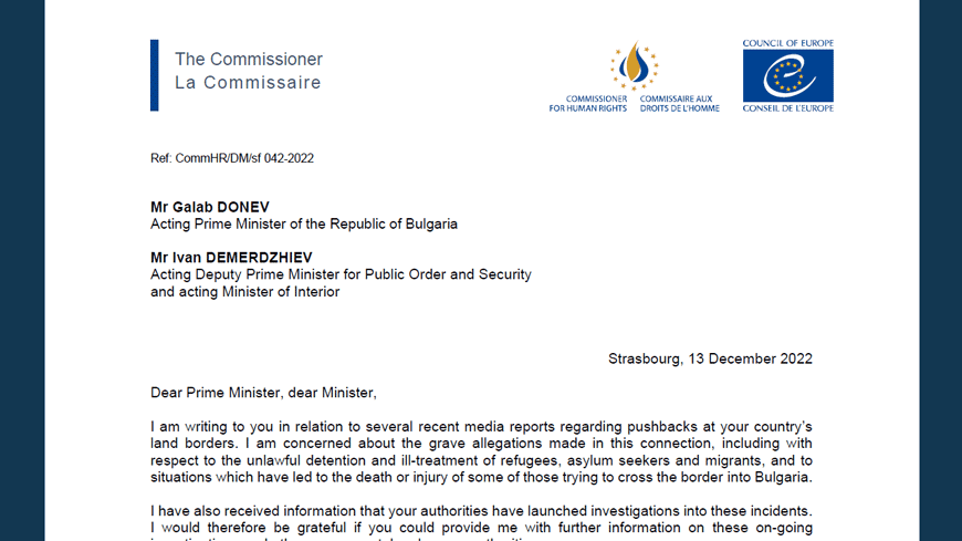 Commissioner seeks clarification on investigations into alleged pushbacks of migrants trying to cross the border into Bulgaria