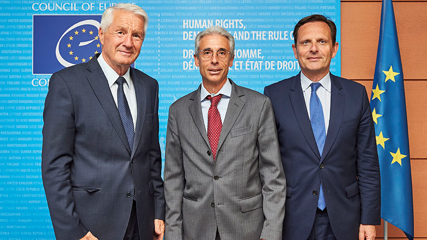 Secretary General, Thorbjørn Jagland, President of the European Committee of Social Rights, Giuseppe Palmisano and French Ambassador Jean-Baptiste Mattéi