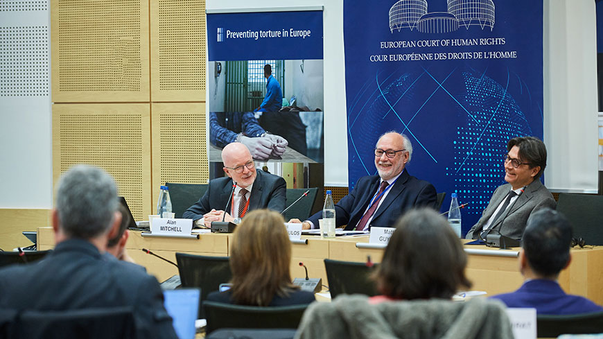 The President of the CPT, Alan Mitchell, former Director General of Human Rights and Rule of Law of the Council of Europe, Christos Giakoumopoulos, and the President of the European Court on Human Rights, Mattias Guyomar.