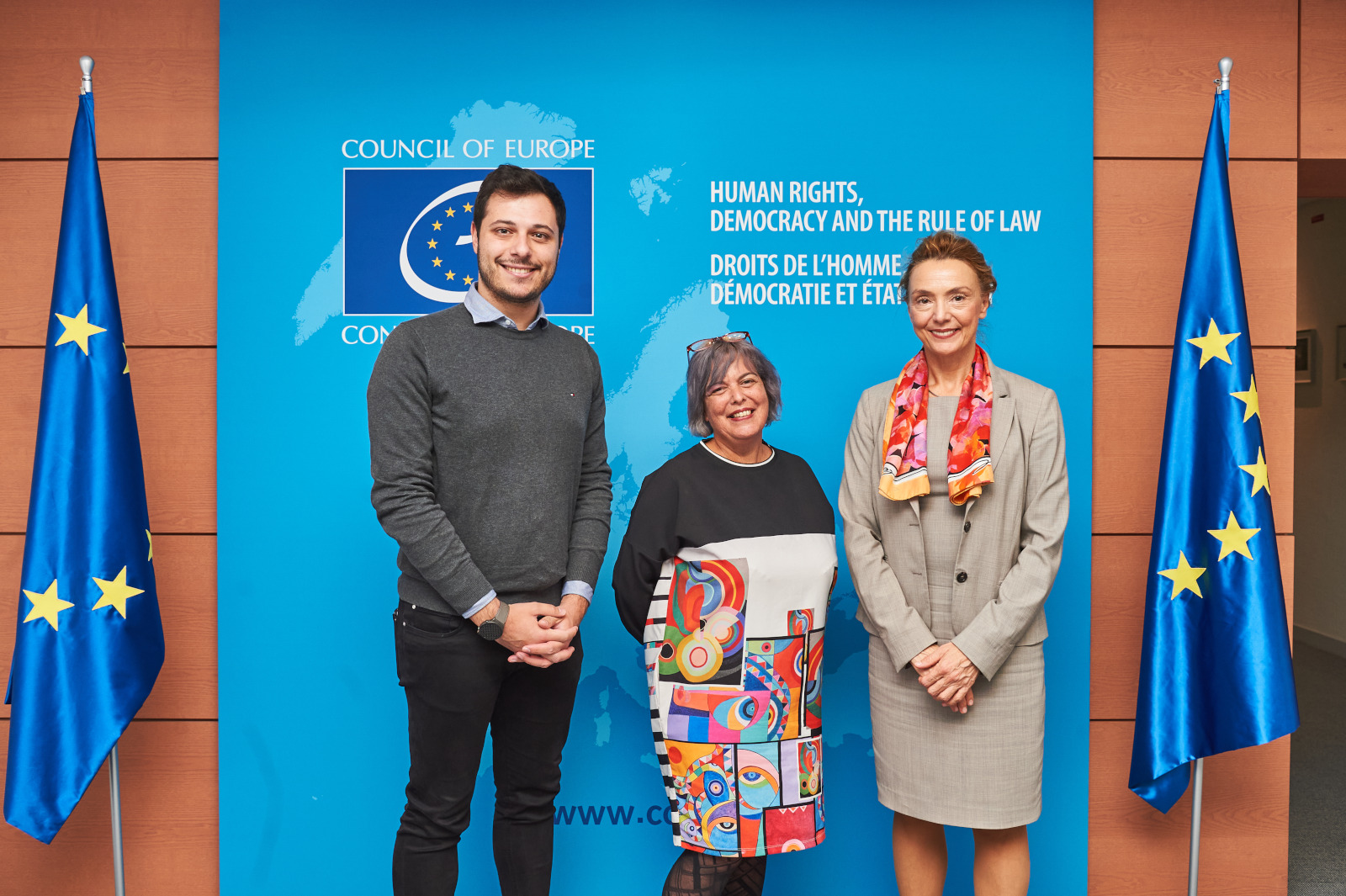 From left to right: Spyros Papadatos, Chair of the Advisory Council on Youth, Miriam Teuma, Chair of the European Steering Committee for Youth, and Marija Pejčinović Burić, Secretary General of the Council of Europe
