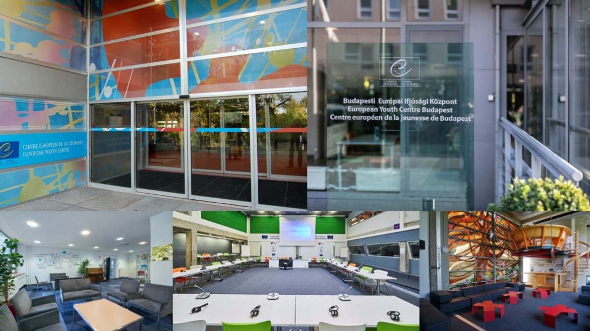 Collage de photos des installations du CEJB et du CEJS, des salles de réunion et du lobby