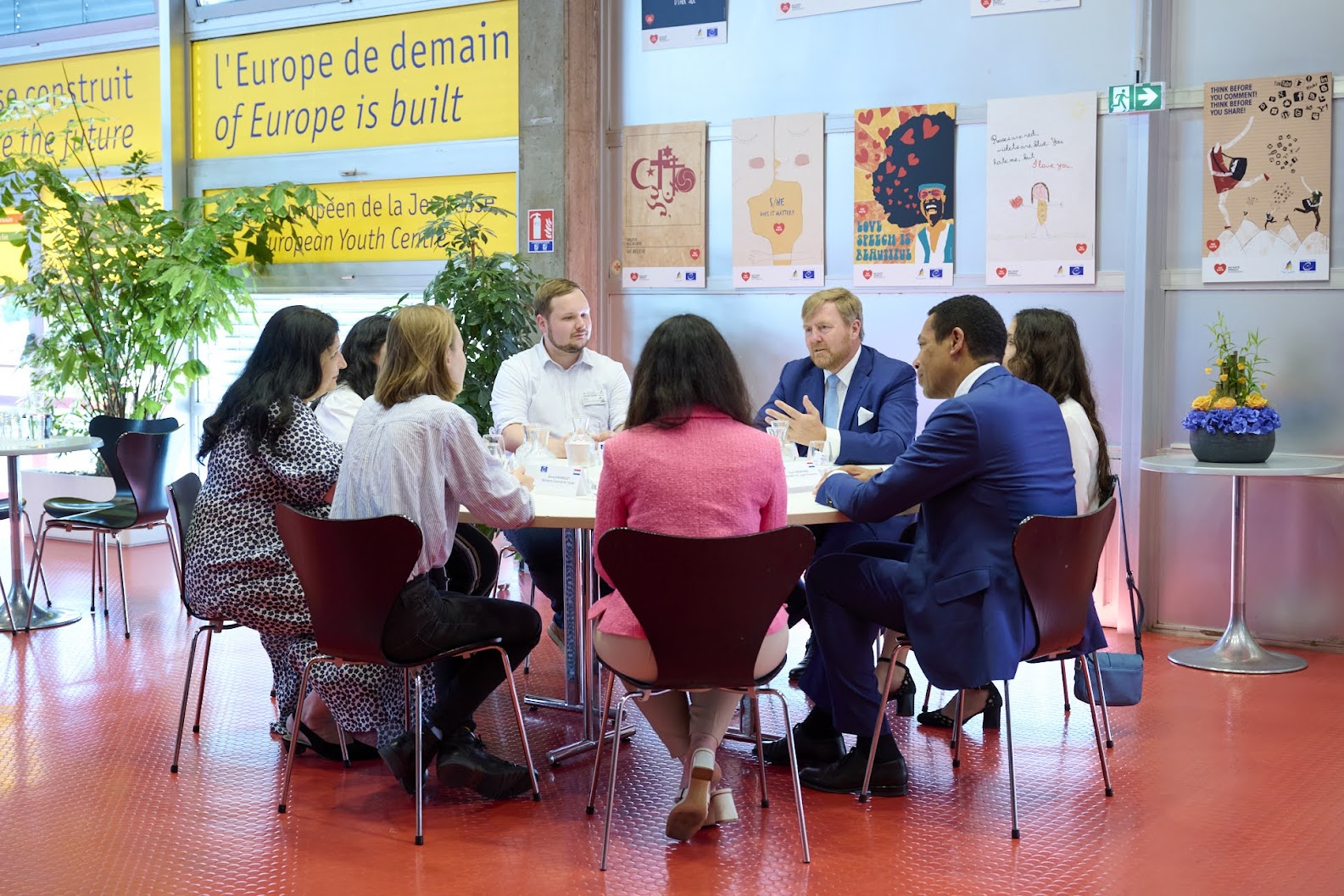 HRM King Willem-Alexander of the Netherlands meets with young people in the European Youth Centre Strasbourg (EYCS)