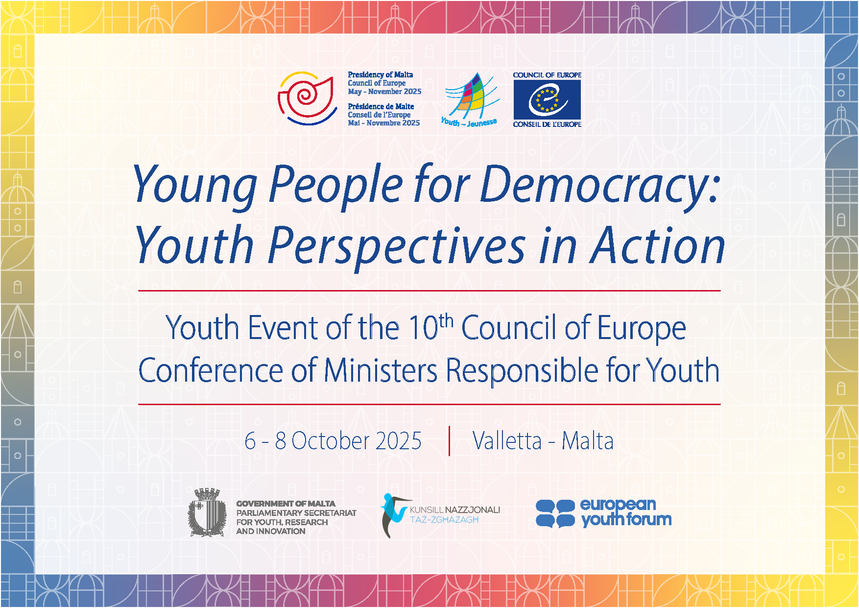 Banner of the10th Council of Europe Ministerial Conference Youth Event that takes places in Malta, from 6-8 October 2025