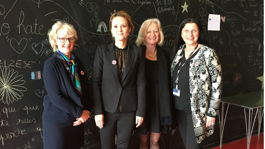 Minister Hofstad Helleland and Ambassador Walaas, Norway, meet Antje Rothemund (right), Head of Youth Department and Tina Mulcahy, Executive Director of the EYCS (left)