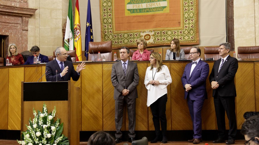 Opening of the CALRE General Assembly  - from left to right :  Mr. Juan Pablo Durán Sánchez  (President of CALRE), Mr Juan Espadas (Mayor of Seville), Ms. Susana Díaz Pacheco (President of the Andalusian Government); Mr Magnus Berntsson (President of the Assembly of European Regions) and Mr Andreas Kiefer (Secretary General of the Congress of the Council of Europe)