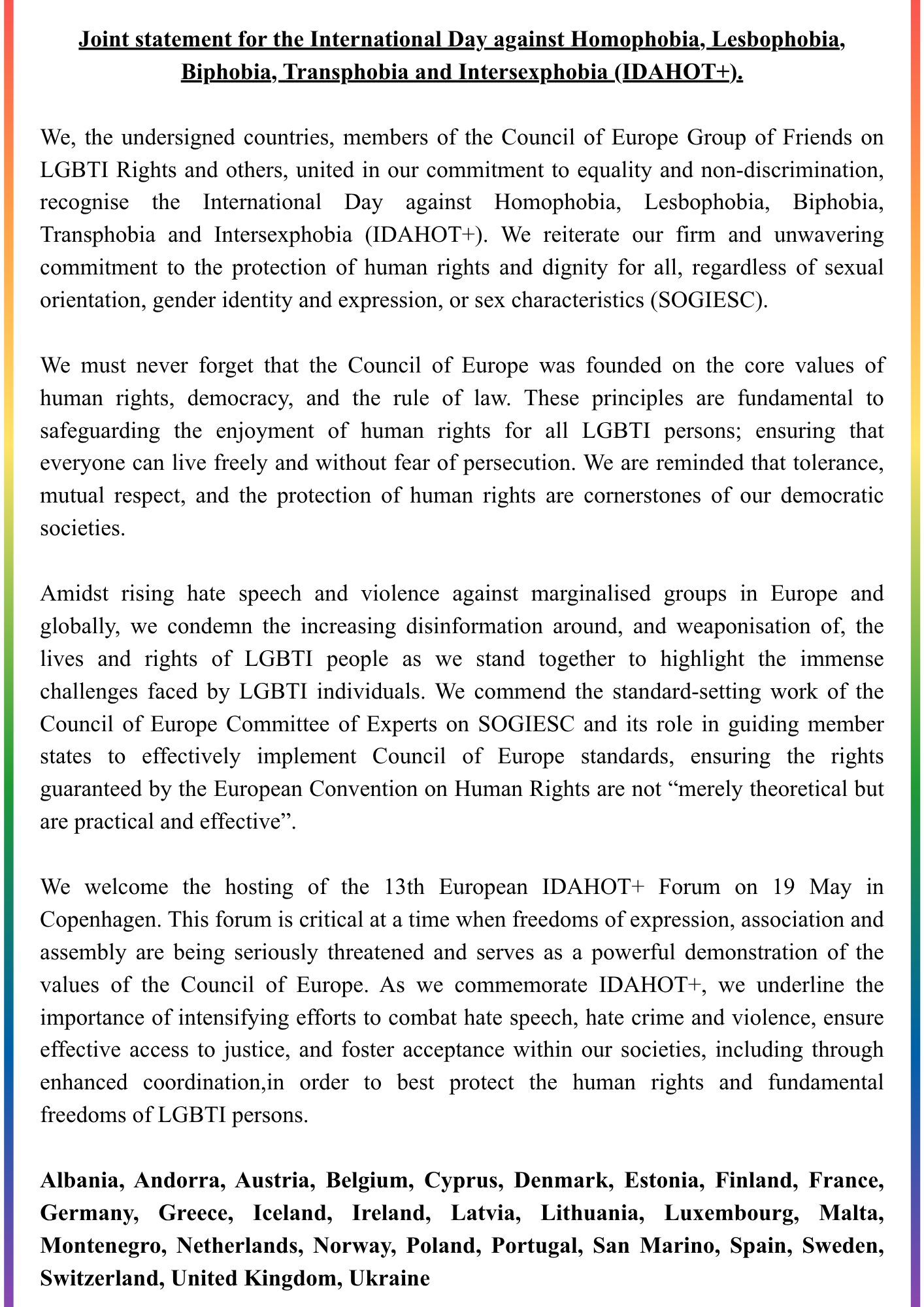 29 member States reaffirm commitment to LGBTI equality and human dignity on IDAHOT