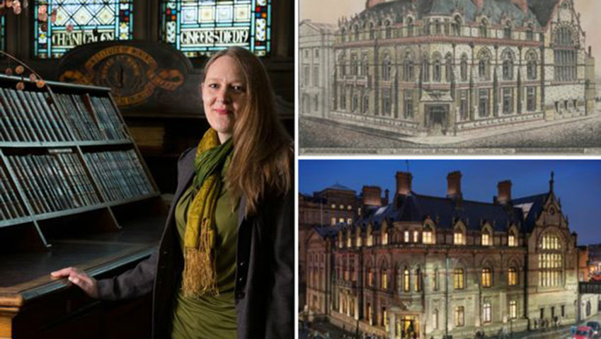 Left: Catherine Miller in the institute's Wood Memorial Hall; Top right: The Mining Institute Neville Hall in Newcastle when it opened in 1872; Bottom right: how the Mining Institute Neville Hall would look after restoration (Photo: Clouston Group and EYELEVEL Creative)