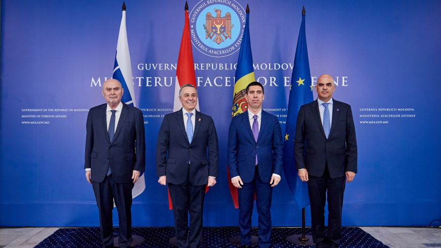 From left to right: Feridun Sinirlioğlu, Secretary General of the OSCE, Ignazio Cassis, Chairperson-in-Office of the OSCE, Mihai Popșoi, Chair of the Committee of Ministers of the Council of Europe and Alain Berset, Secretary General of the Council of Europe