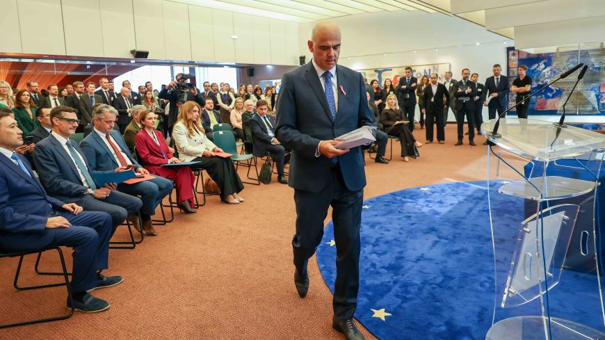 Secretary General Berset rises to address ministers and ambassadors at the signing ceremony for the protocol to the Warsaw Convention, the first international treaty covering the prevention of money laundering and terrorism financing