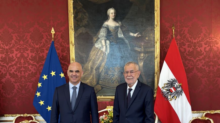 Austrian President Van der Bellen greets Secretary General Berset at the Hofburg in front of a portrait of the Empress Maria Theresa | ©HBF/Pusch