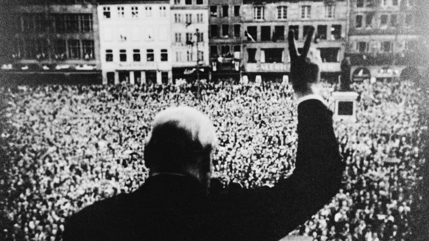 Winston Churchill delivering a key speech on the formation of the Council of Europe in Strasbourg in 1949