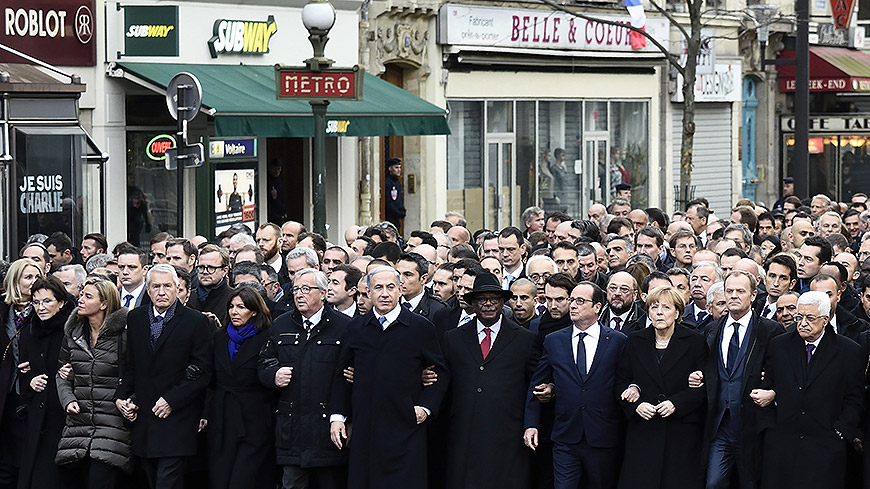 Secretary General Thorbjørn Jagland (third from left) joined the Unity Rally for the victims of the Charlie Hebdo attack and for freedom of expression in Paris by invitation of President Hollande and the French government (January 2015) - Photo AFP
