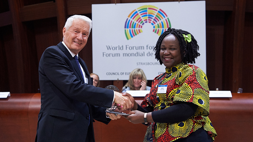 Thorbjørn Jagland, Secretary General of the Council of Europe and Teresa Omondi-Adeitan, Executive Director, Federation of Women Lawyers (FIDA), Kenya