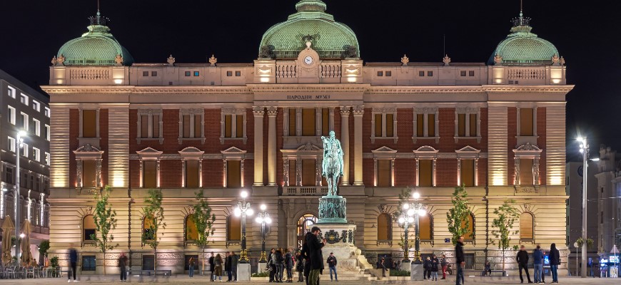 Belgrade - Statue of Prince Mihailo Obrenovic and National Museum of Serbia in the Republic Square