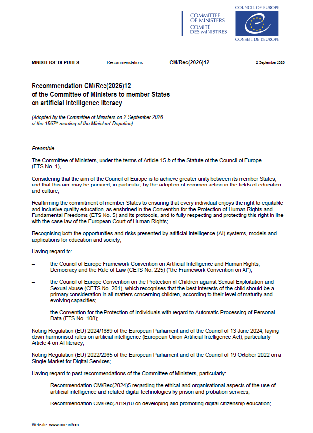 Recommendation CM/Rec(2026)12 of the Committee of Ministers to member States on artificial intelligence literacy