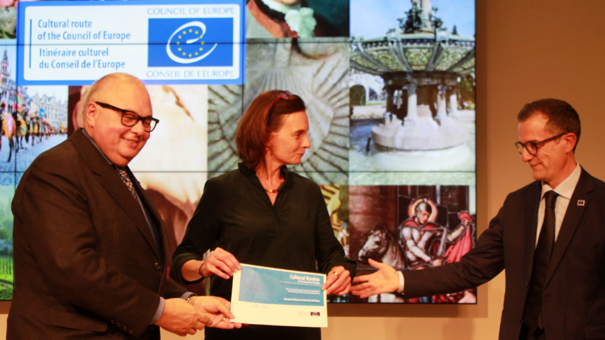 From left to right: Professor Mr. Meinrad Maria GREWENIG (President, ERIH, Cultural Route of the Council of Europe), Mrs. Christiane BAUM (Secretary General, ERIH, Cultural Route of the Council of Europe), Stefano DOMINIONI (Executive Secretary, Enlarged Partial Agreement on Cultural Routes of the Council of Europe (EPA); Director, European Institute of Cultural Routes)
