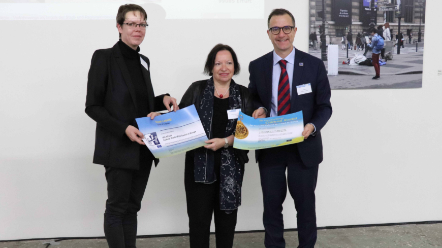 From left to right: Mrs. Karline FISHER (Secretary General, VIA REGIA, Cultural Route of the Council of Europe), Mrs. Susanne KUCHARSKI-HUNIAT (Manager, Office of Culture of Leipzig), Mr. Stefano DOMINIONI (Executive Secretary, Enlarged Partial Agreement on Cultural Routes of the Council of Europe (EPA); Director, European Institute of Cultural Routes)