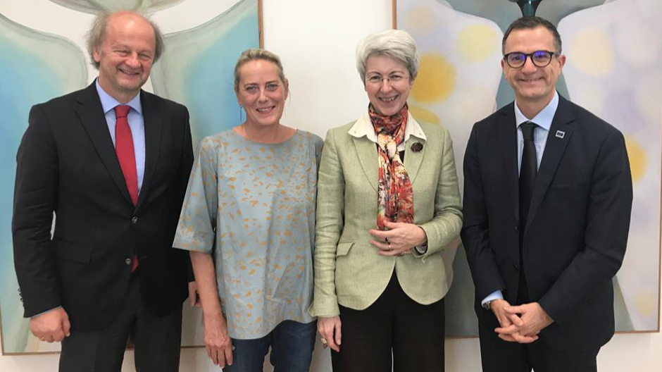 From right to left: Mr. Stefano DOMINIONI (Executive Secretary of the EPA on Cultural Routes of the Council of Europe and Director of the European Institute of Cultural Routes), Mrs. Elisabeth UDOLF-STROBL (Federal Minister of Digital and Economic Affairs of Austria and President of the “Via Habsburg” Cultural Route of the Council of Europe), Mrs. Karin ZIMMER (Representative of Austria in the Governing Board of the EPA on Cultural Routes of the Council of Europe)