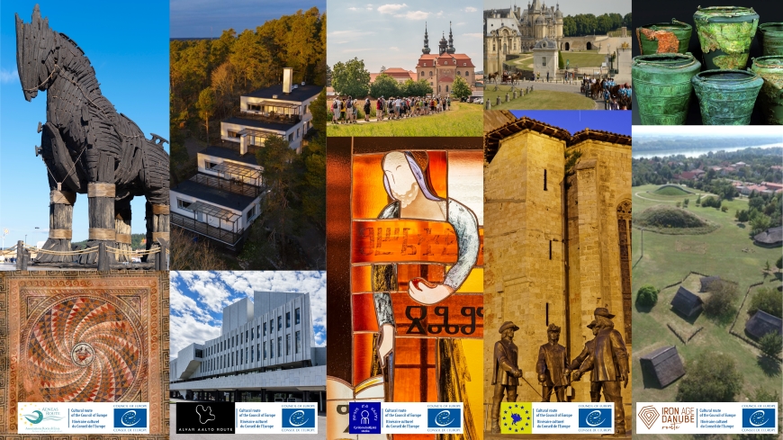 ©Aeneas Route; Trojan Horse ©Scarc/Shutterstock; ©Alvar Aalto Route; Finlandia Hall, Helsinki ©Kiev.Victor/Shutterstock; ©Cyril and Methodius Route (2x); ©The European Route d’Artagnan; Three musketeers, Condom, France ©Pierre Jean Durieu/Shutterstock; ©Iron Age Danube Route (2x) (top and bottom pictures, from left to right)