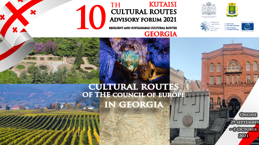 The National Botanical Garden in Tbilisi, Georgia ©European Route of Historic Gardens; Prometheus Cave near the thermal town of Tskaltubo in Imereti Region, Georgia ©Grisha Bruev/Shutterstock; Vineyard in the Kakheti region in Georgia ©Iter Vitis; Trialeti rock petroglyphs near Tsalka, Georgia ©Prehistoric Rock Art Trails Association; Great Synagogue in Tbilisi, Georgia ©Israeli House (from left to right and top to bottom)