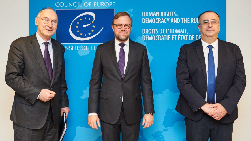 From left to right, Ambassador Christian Meuwly, Permanent Representative of Switzerland to the Council of Europe ; Mr Bjørn Berge, Deputy Secretary General of the Council of Europe ; Ambassador Irakli Giviashvili, Permanent Representative of Georgia to the Council of Europe.