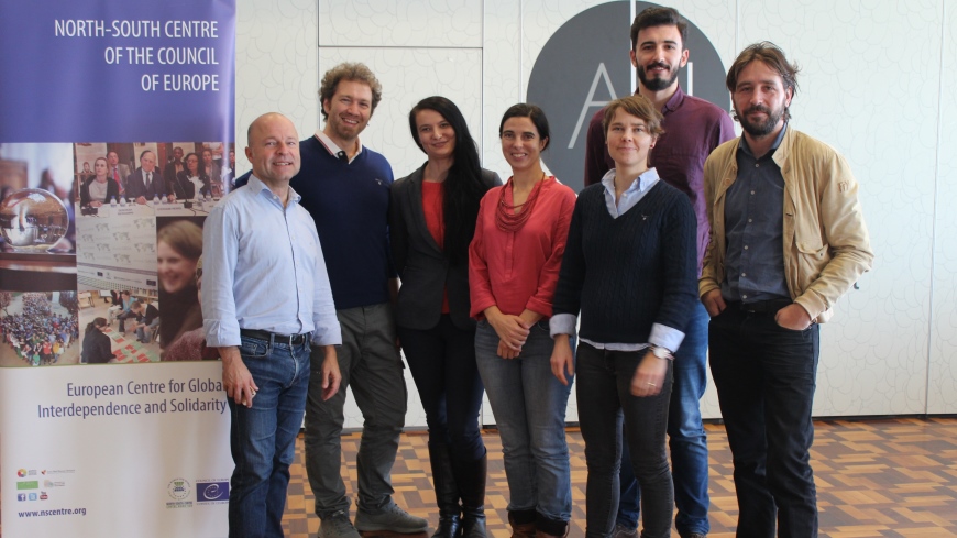 From the left: Miguel Silva and Graziano Tullio, from the North-South Centre, and the media literacy task force, Veronica Stefan, Ioli Campos, Kristiina Anttila, Mouloud Kessir and Vid Tratnik.