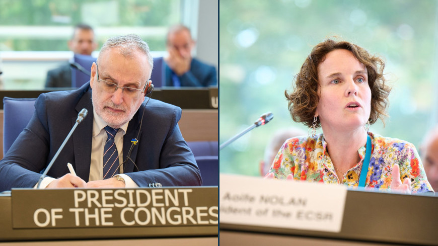 A gauche : Marc Cools, Président du Congrès des pouvoirs locaux et régionaux du Conseil de l’Europe | A droite : Aoife Nolan, Présidente du Comité européen des Droits sociaux
