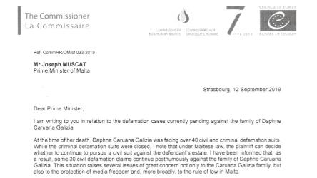 Комиссар призывает власти Мальты отозвать посмертные иски о диффамации против семьи Дафны Каруана Галиция