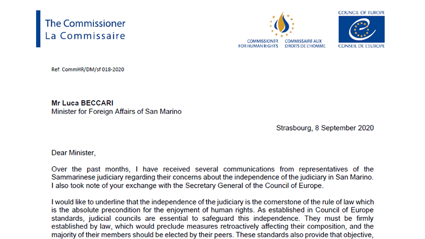 Комиссар призывает власти Сан-Марино воздержаться от действий, которые поставили бы под угрозу независимость судебной власти