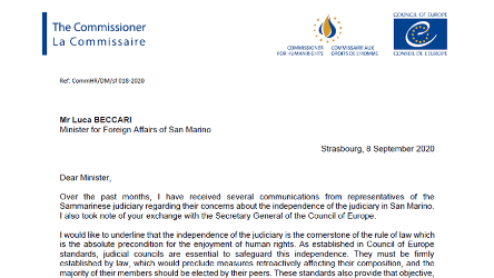 Commissioner calls on the authorities of San Marino to refrain from actions jeopardising the independence of the judiciary