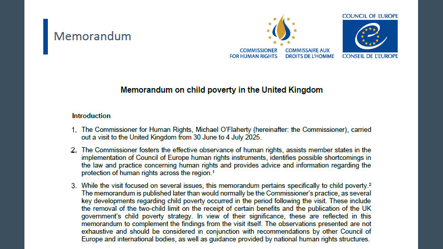 United Kingdom: Council of Europe Commissioner welcomes recent policies to address child poverty, urges their full implementation