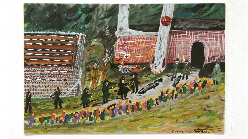 Mort - Train menant des Roms vers Auschwitz-Birkenau (1992) peinture de Ceija Stojka (1933-2013), artiste rom, survivante de l'Holocauste qui a témoigné des camps et s'est prononcée contre le déni et l'oubli, et contre l'antitsiganisme répandu en Europe. Œuvre de la collection du Musée de la culture rom, Brno. Avec l'aimable autorisation de l'Institut européen des arts et de la culture rom (ERIAC).