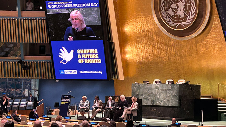 Dunja Mijatović, Commissaire aux droits de l'homme du Conseil de l'Europe, participe à la conférence globale de l'UNESCO sur la Journée mondiale de la liberté de la presse au siège de l'ONU à New York le 2 mai 2023