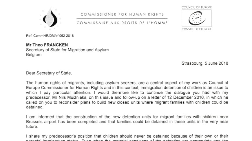 La Commissaire appelle la Belgique à ne pas recommencer à placer des enfants migrants en détention