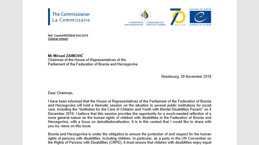 Комиссар призывает парламент Боснии и Герцеговины принять меры для дальнейшего продвижения деинституционализации детей с ограниченными возможностями