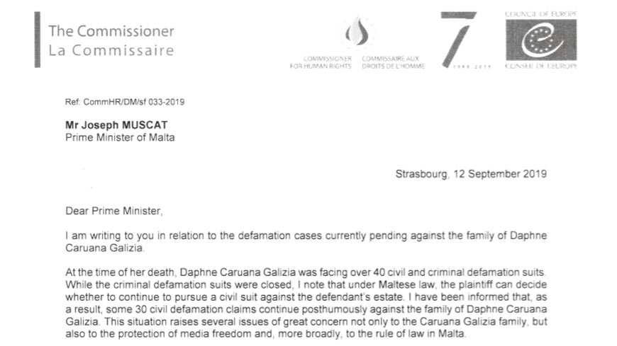 Commissioner calls on Maltese authorities to withdraw posthumous defamation lawsuits against the family of Daphne Caruana Galizia