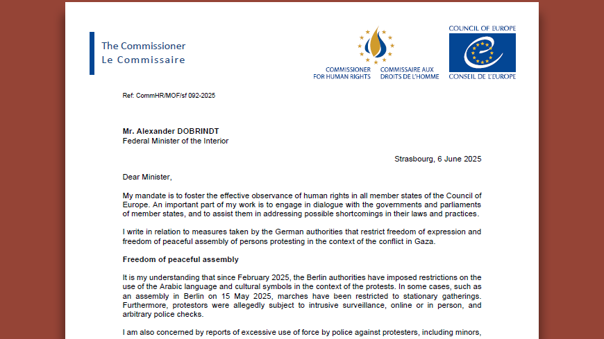 The Commissioner asks the German authorities to uphold freedom of expression and peaceful assembly in the context of the conflict in Gaza