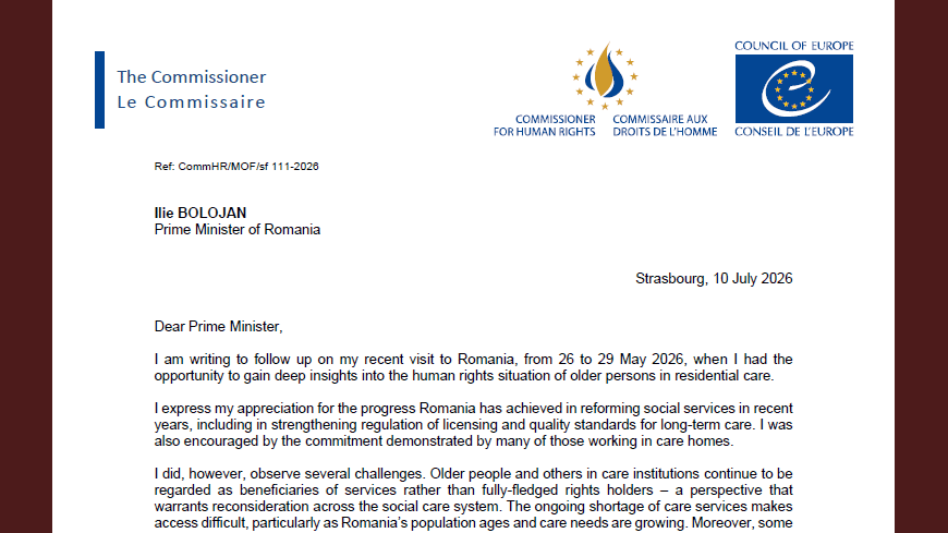 Council of Europe Commissioner raises challenges regarding care homes for older persons in Romania
