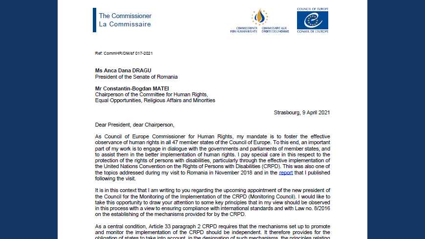 Romania: the appointment of the new leadership of the CRPD Monitoring Council should be an opportunity to strengthen the protection of the rights of persons with disabilities