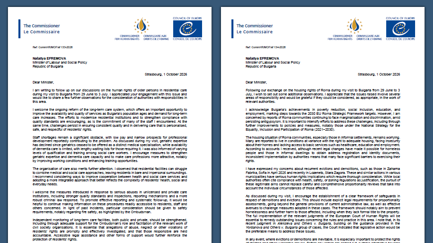 Bulgaria: Commissioner O'Flaherty recommends stronger protection for older persons in care homes and Roma