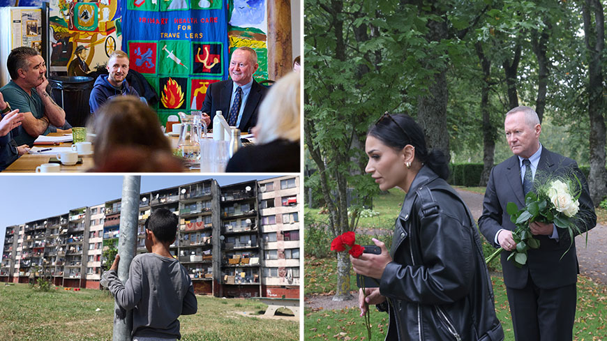 Michael O’Flaherty meeting Traveller and Roma civil society representatives at Pavee point in Dublin (top left); Luník IX neighbourhood in Košice, Slovakia (bottom left); Michael O’Flaherty, at Roma War Memorial in Helsinki (right)