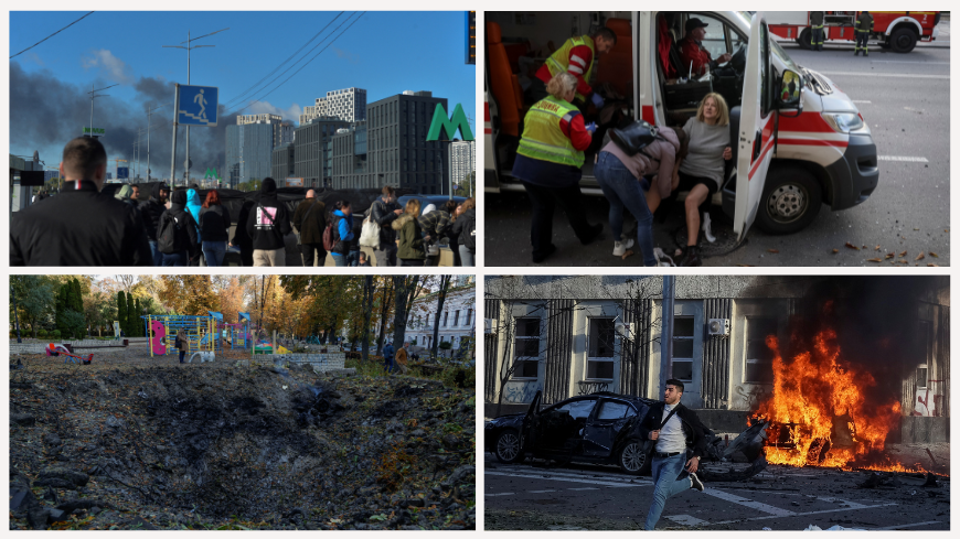 Moments after missile attacks on Ukraine’s civilian population on 10 October 2022. Credit: REUTERS/Oleksandr Klymenko (top left), REUTERS/Gleb Garanich (top right), REUTERS/Valentyn Ogirenko (bottom left), REUTERS/Gleb Garanich (bottom right)