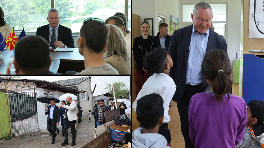 Top left: meeting with civil society; bottom left: visit to the municipality of Šuto Orizari in Skopje; right: visit to a daycare centre for street children in Skopje