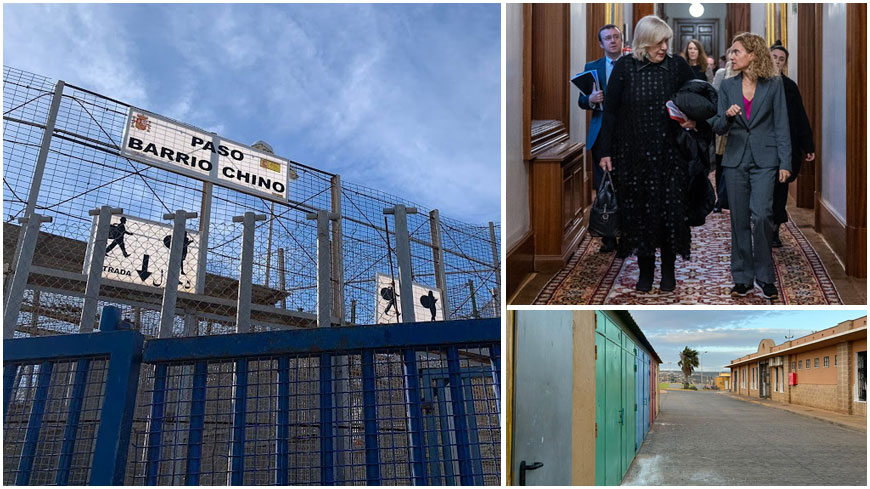 “While in Melilla, the Commissioner visited the border perimeter at Barrio Chino (left) and the centre La Purísima for unaccompanied migrant children (bottom right). While in Madrid, she met with the President of the Congress of Deputies, Ana Meritxell Batet Lamaña (top right).