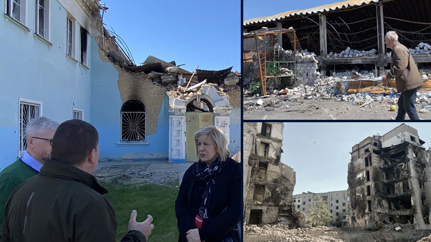 Commissioner Mijatović meets with the Mayor of Irpin, Oleksandr Markushin, in front of the city’s destroyed cultural centre. 06 May 2022, Ukraine (left)     A man walks near a shopping mall destroyed by the hostilities in the city of Irpin, near Kyiv, Ukraine. 06 May 2022, Ukraine (top right)     Residential buildings destroyed by the shelling in the city of Borodyanka. 06 May 2022, Ukraine (bottom right)