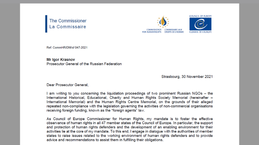Commissioner urges the Russian General Prosecutor to discontinue the liquidation proceedings of Memorial human rights NGOs