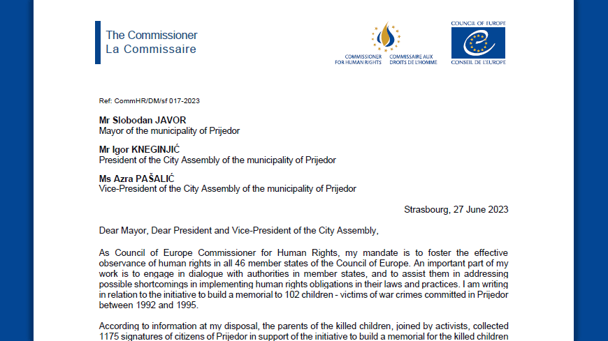 Bosnia and Herzegovina: Commissioner urges the city authorities to build a memorial to the killed children of Prijedor