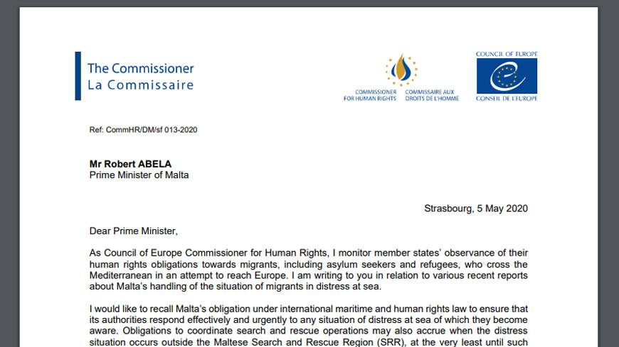 Commissioner urges Malta to meet its obligations to save lives at sea, ensure prompt and safe disembarkation, and investigate allegations of delay or non-response to situations of distress